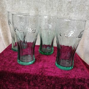 Vintage Coca Cola Green Tinted Bell Shaped Pint Glasses 12oz Set of 4